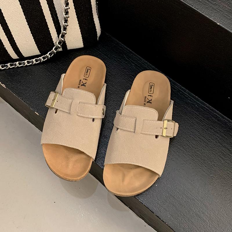 Summer New Sandals Women Round Head Open Toe Suede Metal Buckle Anti-slip Wear-resistant Flat Slippers