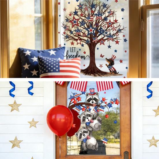 4th of July Window Clings Patriotic American Flag Red Blue White Tree Balloons Stickers Independence Memorial Day Static Decals for Store Glass Decor
