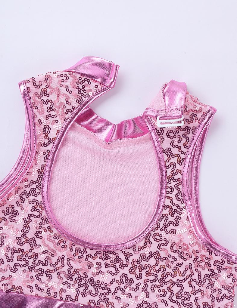 Kids Girls Two-Piece Dance Set Sequined Sleeveless Crop Top Metallic Bottoms Performance Outfit