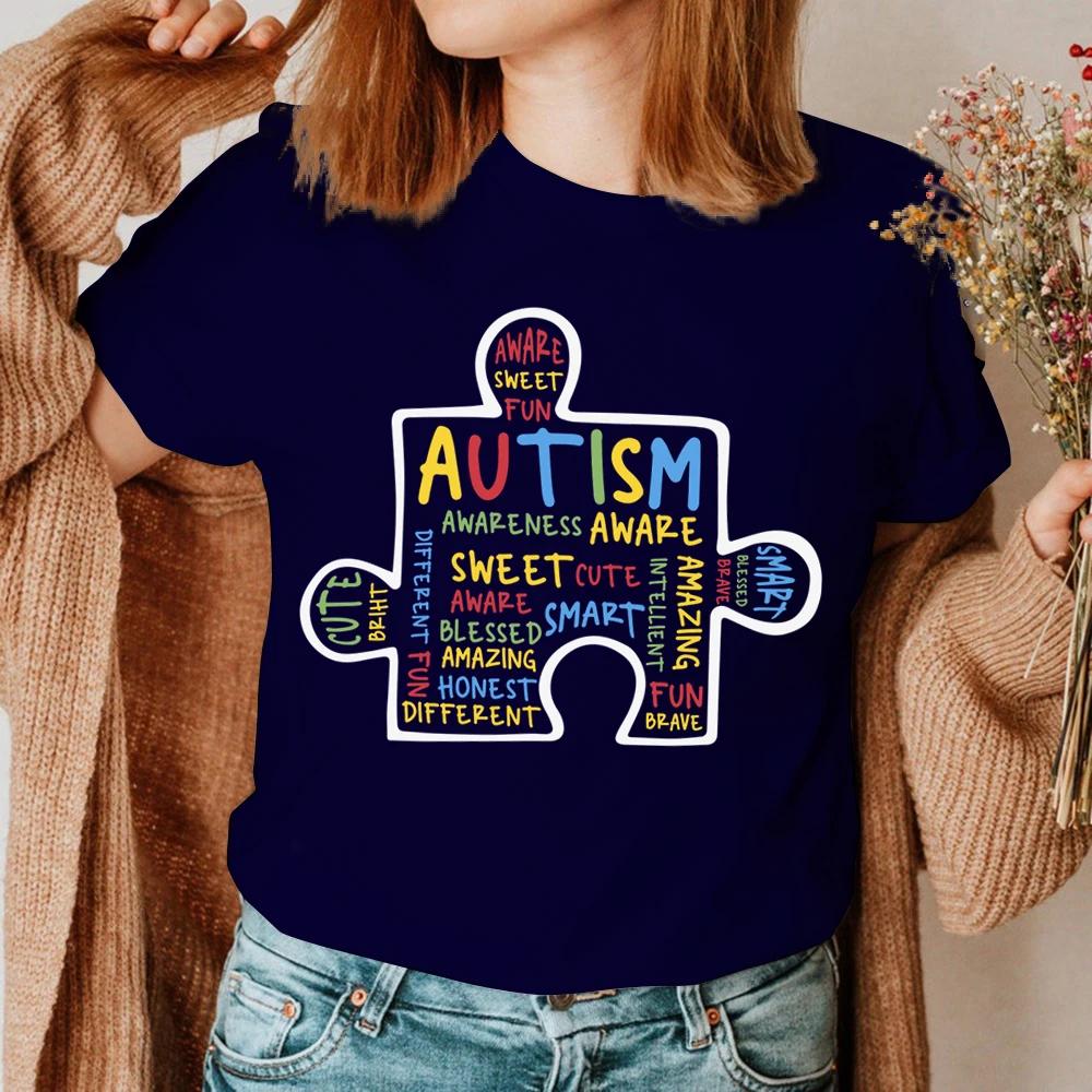 Women TShirt Summer Autism Graffiti Puzzle T Shirt Women Casual White Cozy Tops Loose Short Sleeve Y2k Tshirt Camisas Mujer