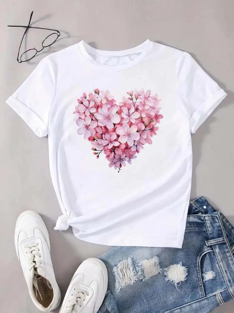 Women's Heart Floral Pattern Printing T-shirt Summer Woman Clothing Round Neck Short Sleeve T-shirt Tops Tees Aesthetic Clothes