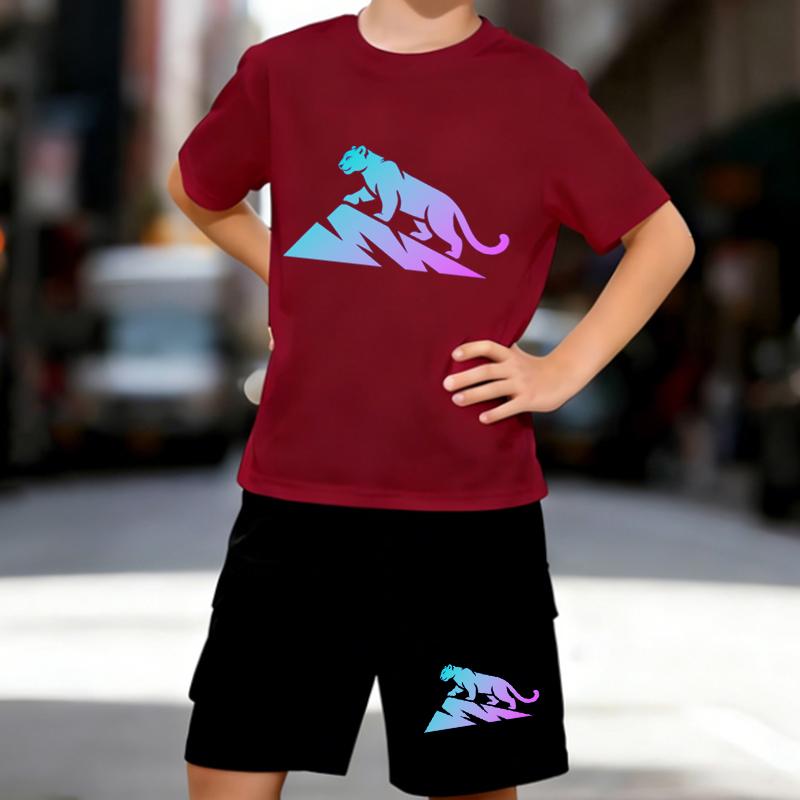 Boys 2 Piece Climbing Tiger Print T-shirt Outfit, Short Sleeve T-Shirt and Shorts Set for Kids Age 5-14,Black and White Sporty Casual Summer Clothes