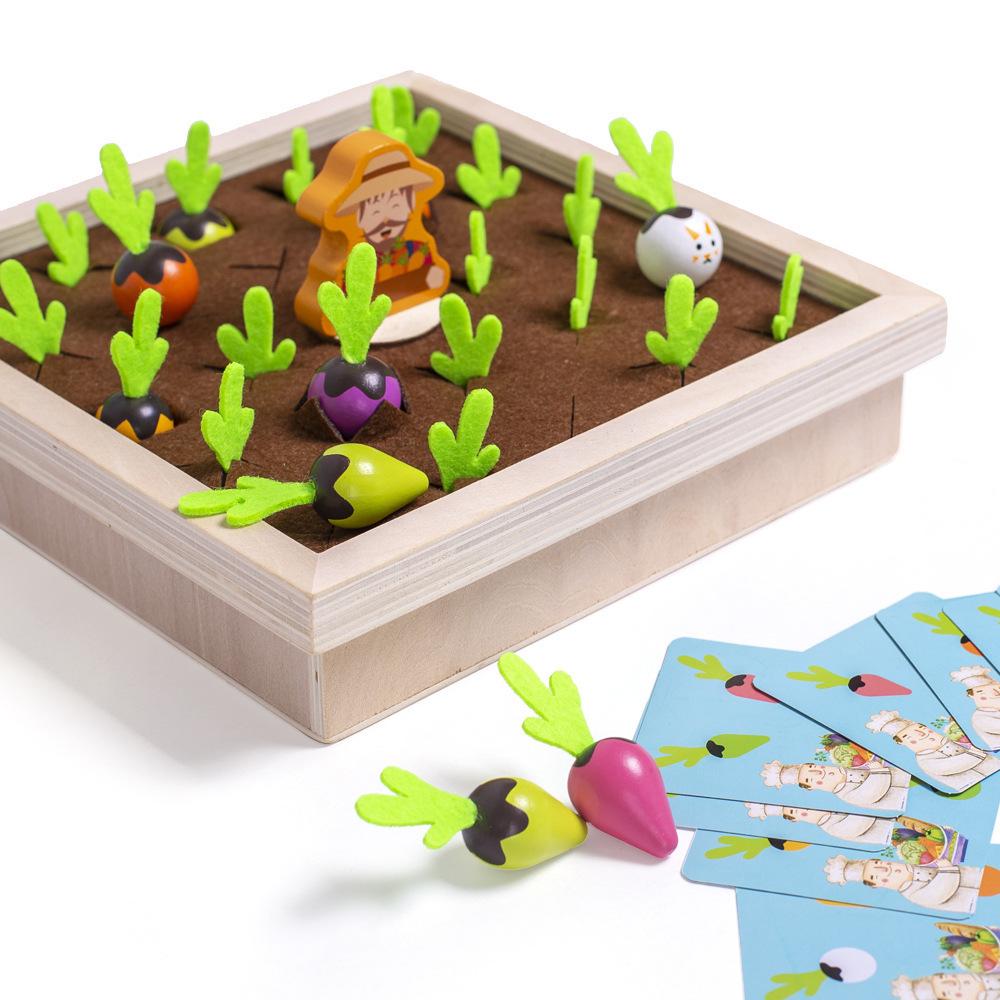 Wooden Radish Pull Toy: Montessori Vegetable Memory Game for Early Education.