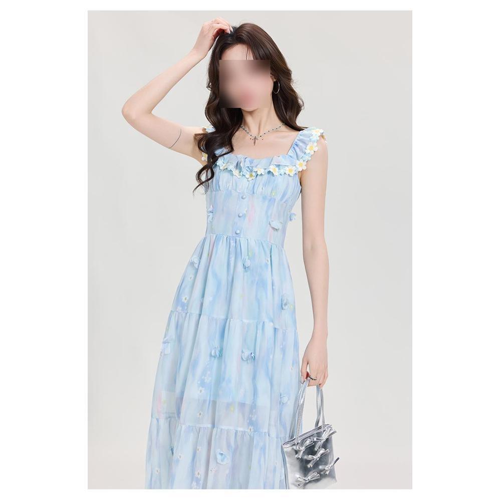 French off-the-shoulder three-dimensional flower square neck suspender dress for girls and girls in summer, new temperament and thin A-shaped long