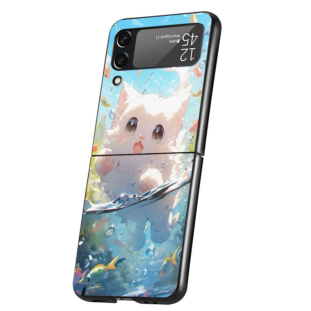 Cartoon Cute Cat Fish Aesthetic Cover Phone Case For Samsung Galaxy Z Flip 7 6 5 4 3 5G Flip7 Flip6 Flip5 Flip4 Flip3 Black Fund