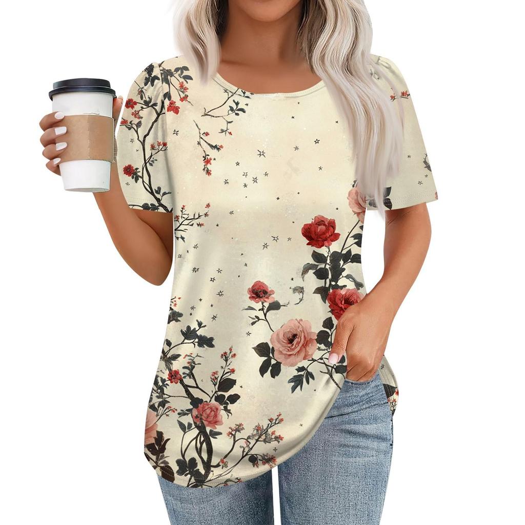 Women's Casual Short Sleeve Button Floral 3D Print Round Neck Top T-Shirt