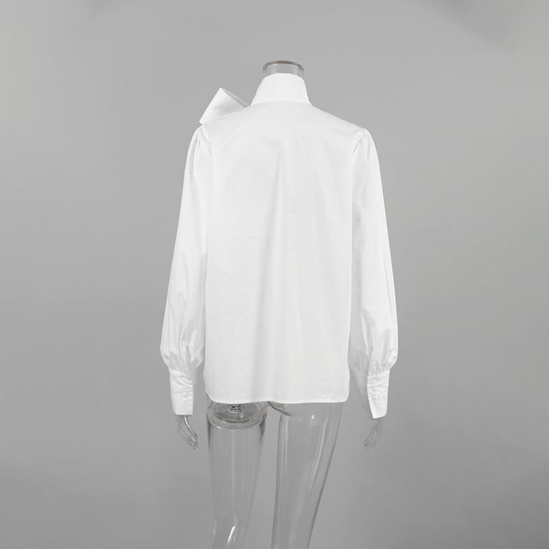 Womens Loose Fit White Shirt With Tie Neck Flowing Collar Casual Office Wear Cotton Blend Long Sleeve Top