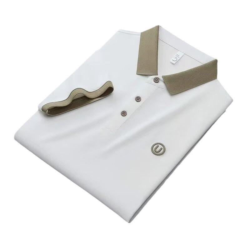 Men's British Style Light Luxury Polo Shirt with Contrasting Color Lapel, Short Sleeves, and Letter Embroidery - Casual Summer Trend.