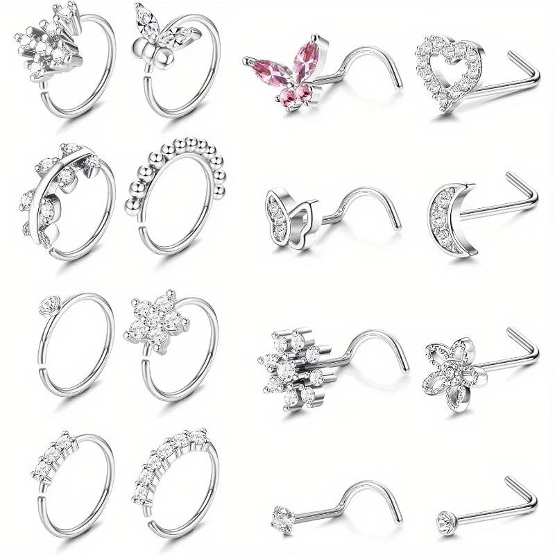 Multicolor Nose Ring Set Diamond Multi-Shape Flower Butterfly Love Moon Puncture Jewelry 316 Stainless Steel Trendy Unisex