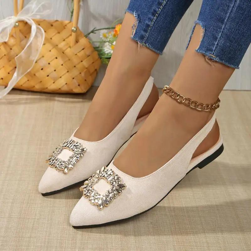 Fashion Daily Pointed Toe Sandals Women 2025 Summer Big Crystal Buckle Flat Heels Shoes Women Elegant White Driving Shoes