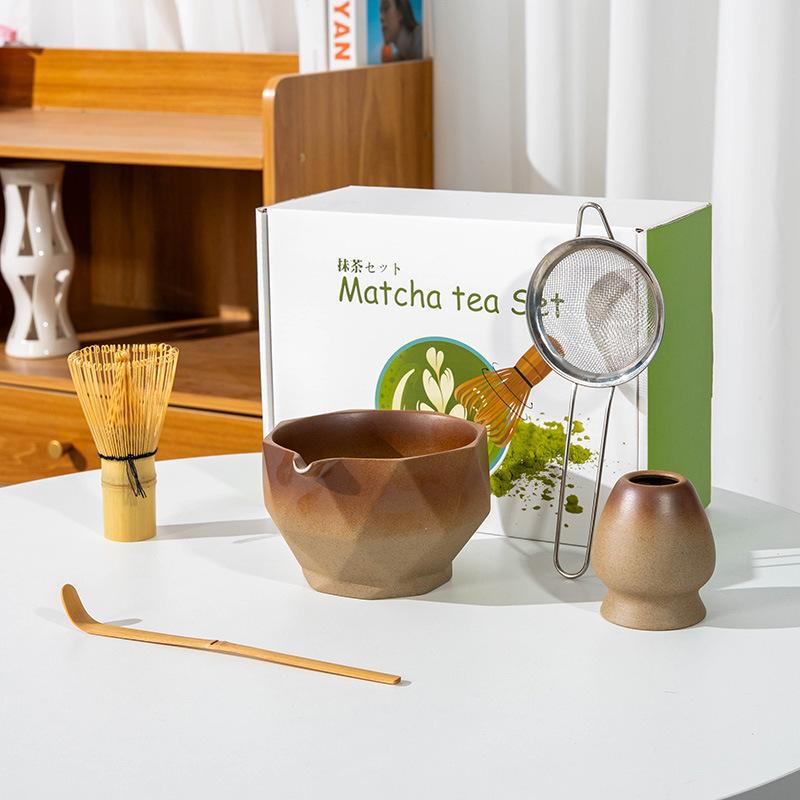 5-8pcs INS coarse pottery gradual change color tea stand matcha bowl set to order tea retro Matcha whisk set of tea tools
