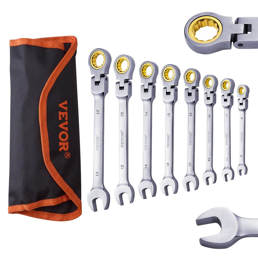 Flex-Head Ratcheting Wrench Set 8 PC Metric 8 mm-17 mm with Roll-up Pouch
