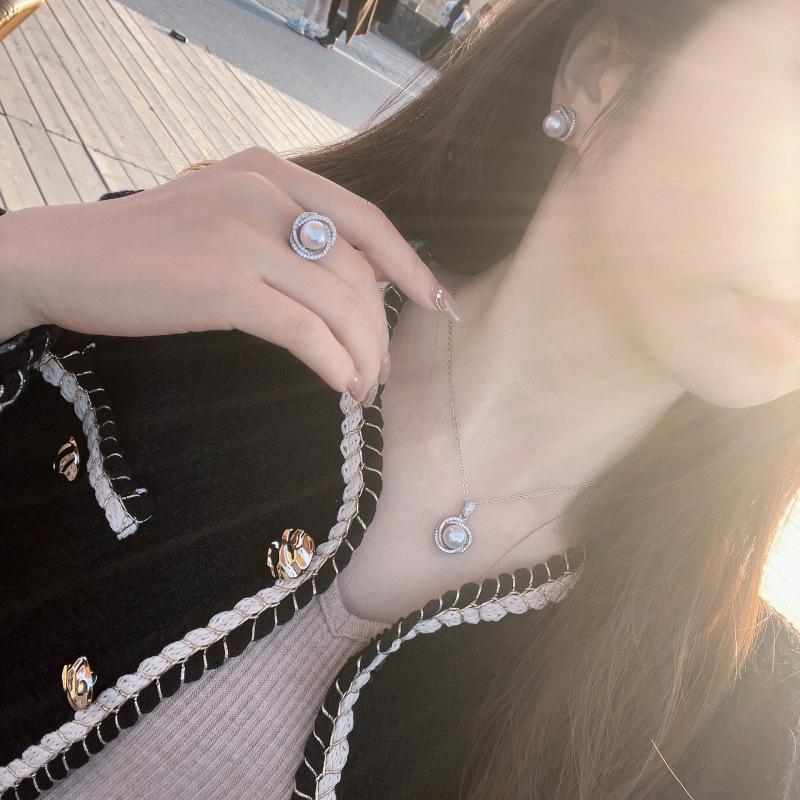 Versatile Korean Zircon and Pearl Jewelry Set: Necklace, Ring, and Earrings