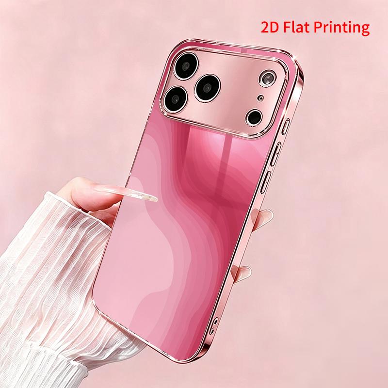 2DFlat electroplated tempered glass phone case,Abstract Pink Waves Design,suitable for iPhone 18 Pro Max 17 16 15 14 13 12 11