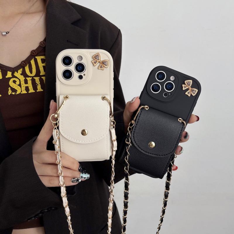Leather Textured Crossbody Chain Card Holder for iPhone 17/16 Pro Max/15/14 Protective Case