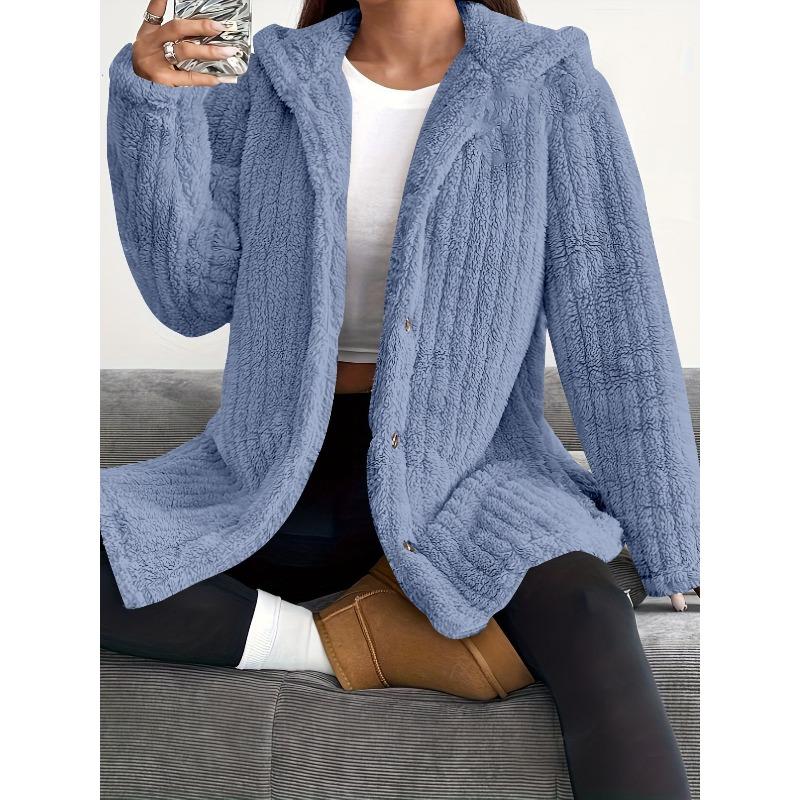 Autumn and Winter Solid Color Long Sleeved Textured Button Hooded Loose Plush Women's Coats