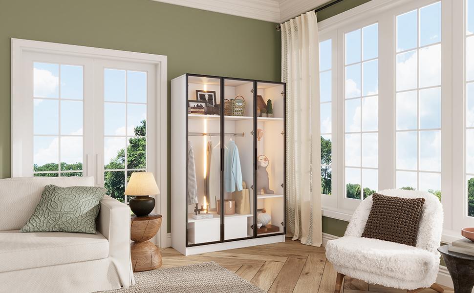 Spacious White Wardrobe with 3 Glass Doors, 1 Drawer and 1 Clothes Rail - 110*50*160 Cm - with LED Light
