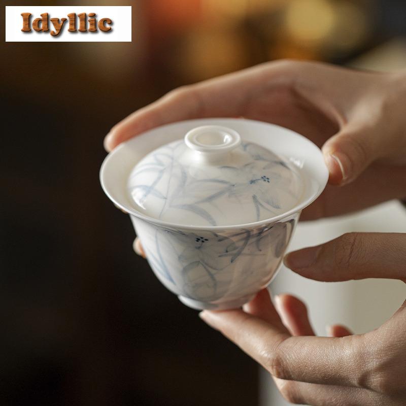 120ml Hand-painted Blue And White Gaiwan Vintage Tea Tureen Household Tea Bowl With Lid Kit Tea Maker Cover Bowl Tableware Gift