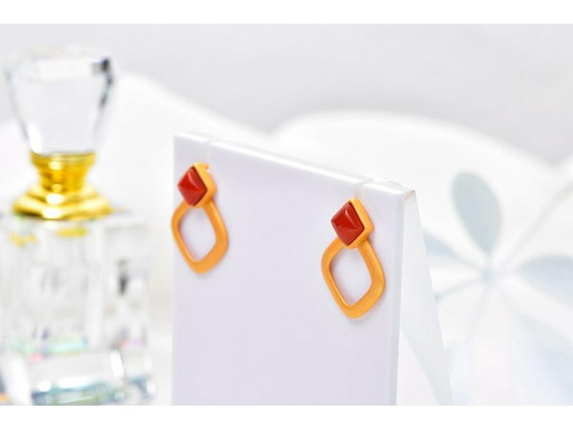 Gold-Plated Square Hollow 925 Sterling Silver Earrings with Southern Red Agate and Certificate for Women