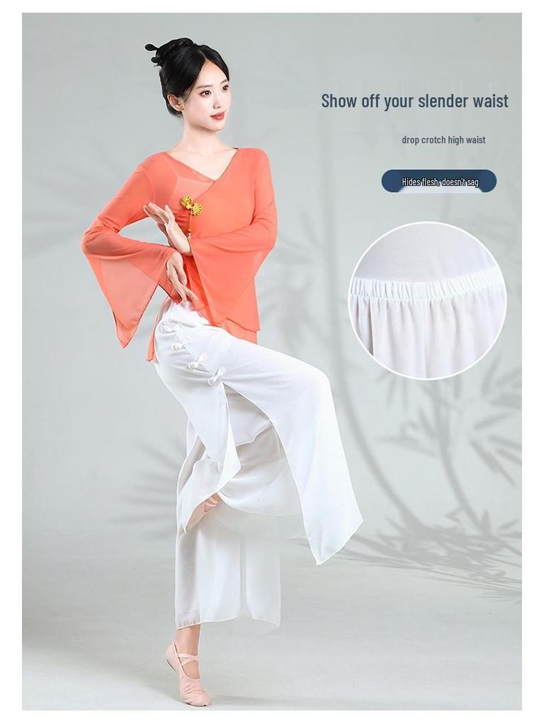 Women's Double Layer White Chiffon Dance Culottes - Wide Leg Flowy Pants for Classical Chinese Dance Practice