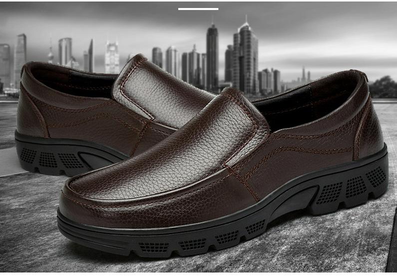 Men's Round Toe Cowhide Loafers - Slip-On, Thick Sole, Breathable, Low Heel Casual Shoes