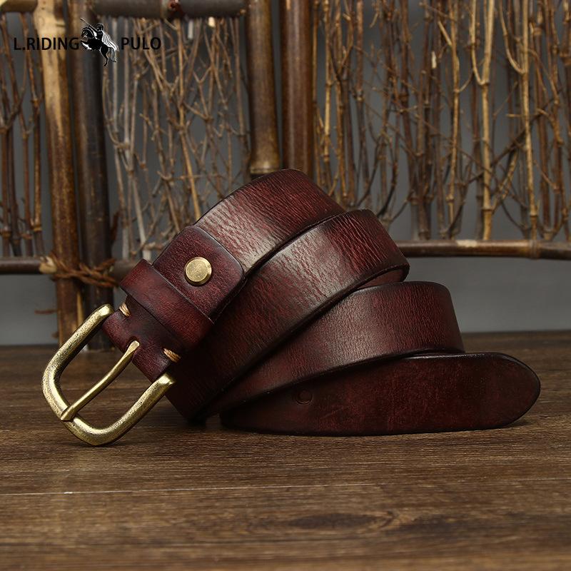 Vintage Echtleder Gürtel Herren Erste Schicht Rindsleder Reines Kupfer Dornschließe Lässiger Jeansgürtel