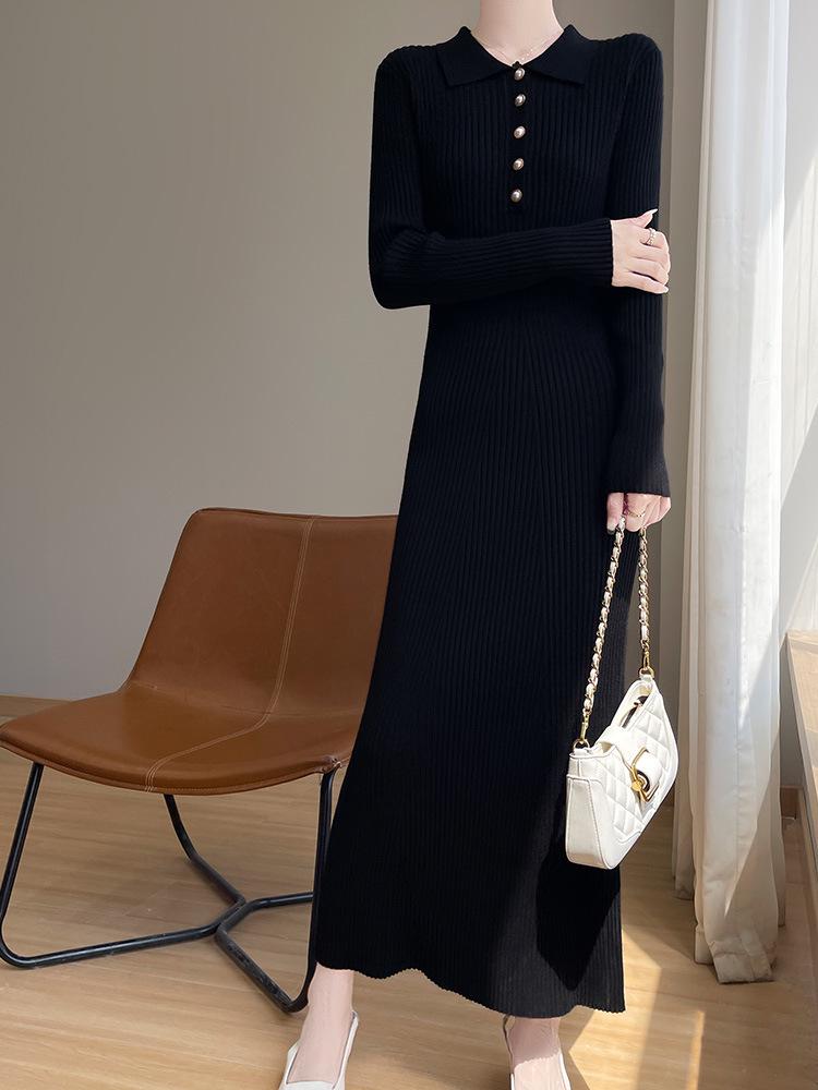 Women's Extra Long Slimming Knitted Polo Collar Dress for Autumn and Winter