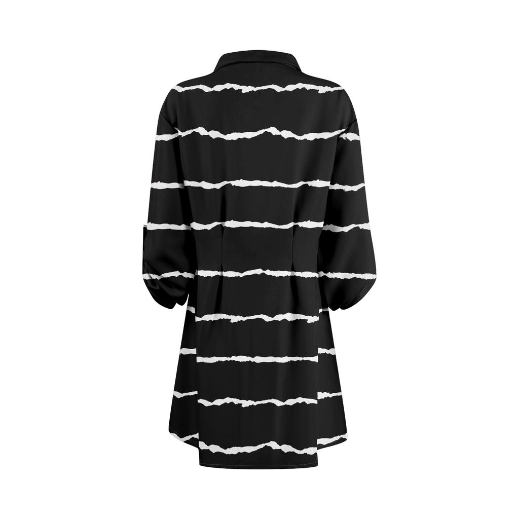 Damen Locker sitzendes V-Ausschnitt Langarmkleid Druck Arbeitshemdkleid