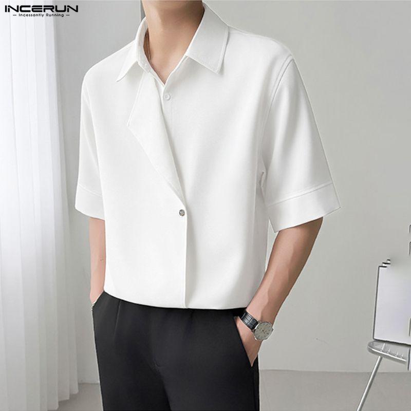 INCERUN Men Summer Lapel Neck Short Sleeve Buttons Casual Shirts Tops