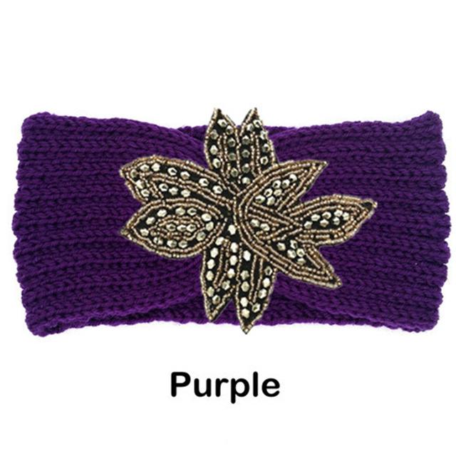 Crystal Beaded Flower Knit Headband For Women Winter Wool Ear Warmer Hairband Turban Headwrap Hair Accessories Bandeau