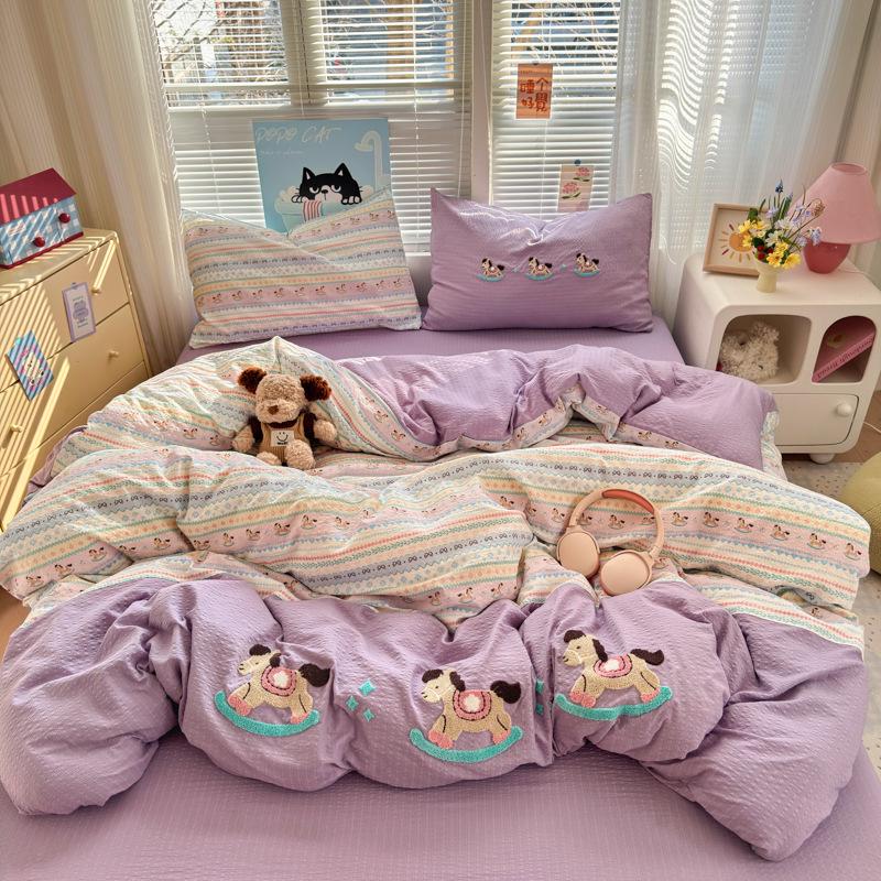 A-Class Mother & Baby 4-Piece Super Soft Puff Cotton Bedding Set: Duvet Cover & Fitted Sheet for Dorms