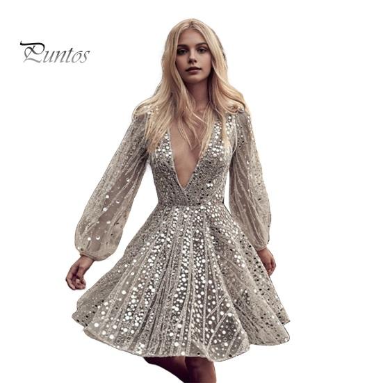 

Вечернее платье с глубоким V-образным вырезом, прозрачным сетчатым платьем А-силуэта, коротким платьем с длинными рукавами-фонариками для выпускного вечера и коктейльной вечеринки XXXL серебряный