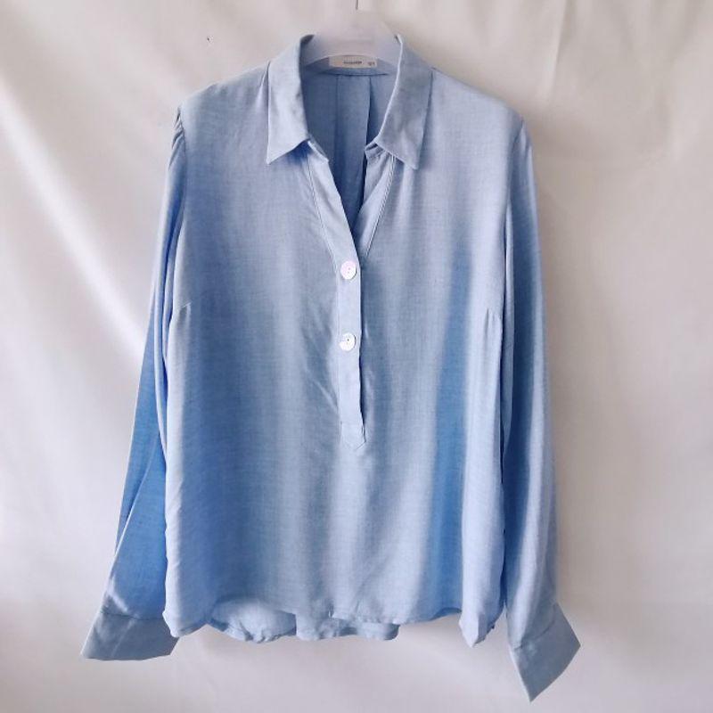 

Export Fashion Original Single Cut Label V Neck Half Open Long Sleeves Pullover Shirt Female Wood Tencel Professional Casual Easiest for Match Autumn Lake Blue 44