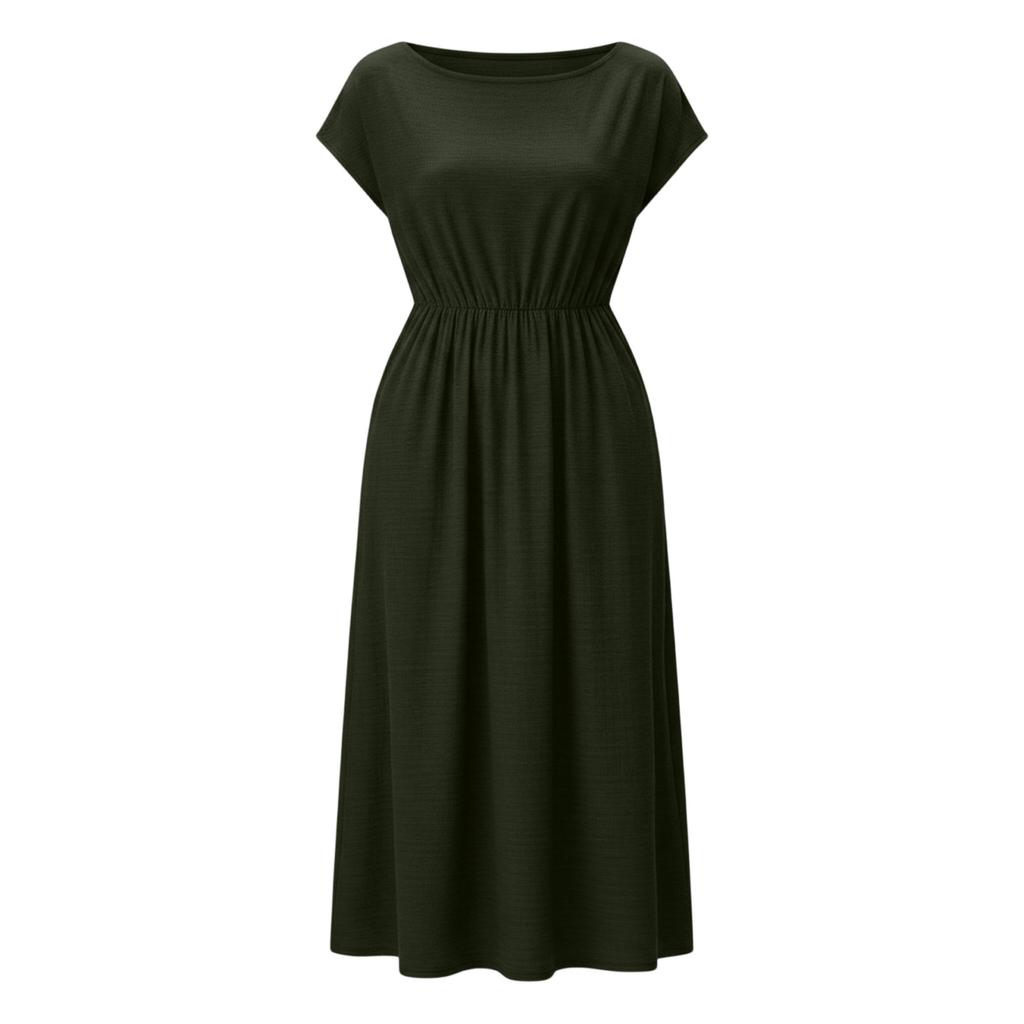 Women Short Sleeve Crew Neck Pocket Waist Cinched Loose Fit Casual Midi Dress for Everyday Wear Work Vacation