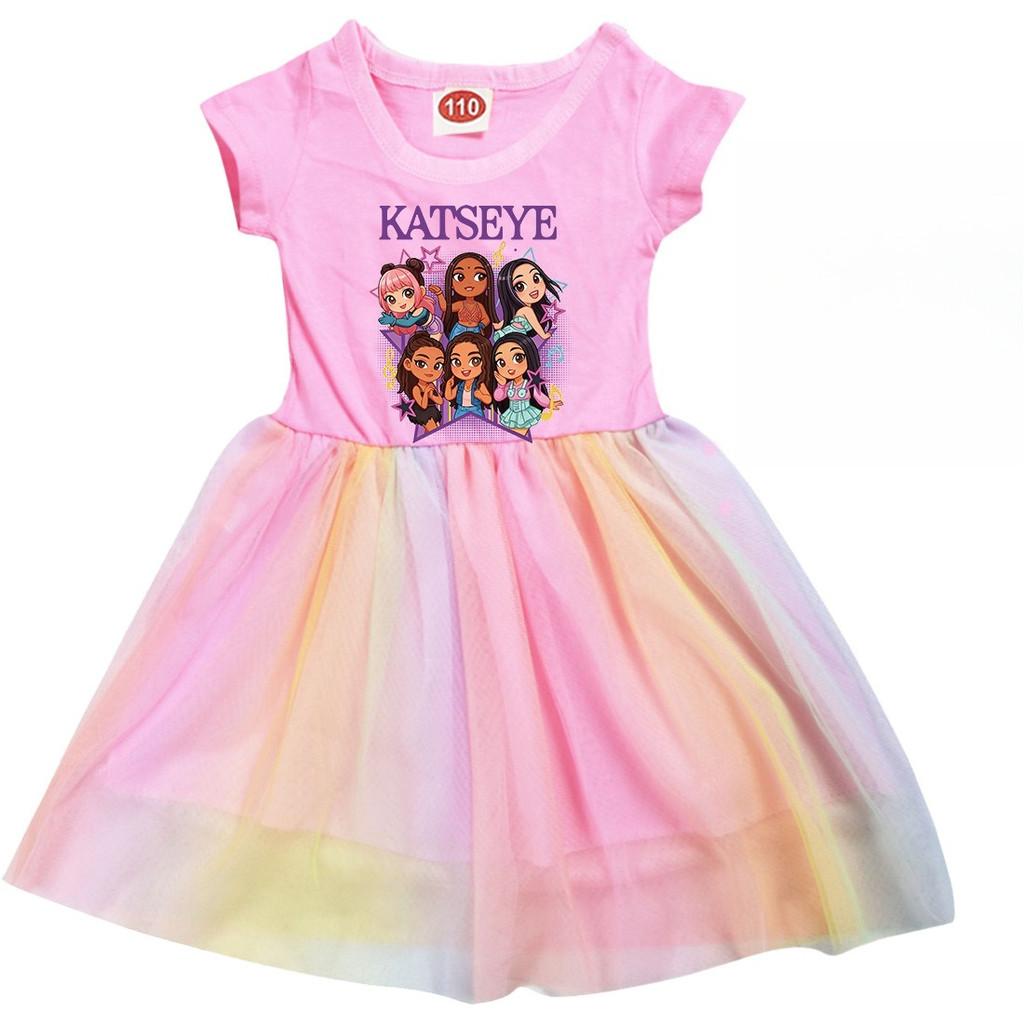 

9197 Kids Girls MANON SOPHIA DANIELA LARA MEGAN YOONCHAE Print Short Sleeve Rainbow Dress 140cm рожевий