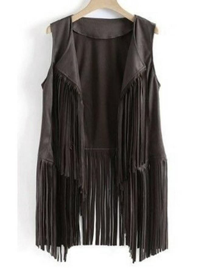 Dámská letní vesta s třásněmi z jelenice: Jednobarevný, bez rukávů, ležérní kardiganový top