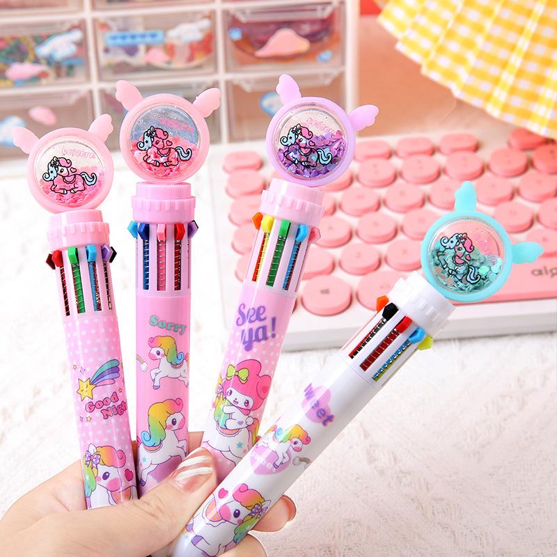 5Pcs/Lot Kawaii Fantasy Rainbow Unicorn Sequins 10 Colors Ballpoint Pen Cute Pony Student Pens School Stationery Office Supplies