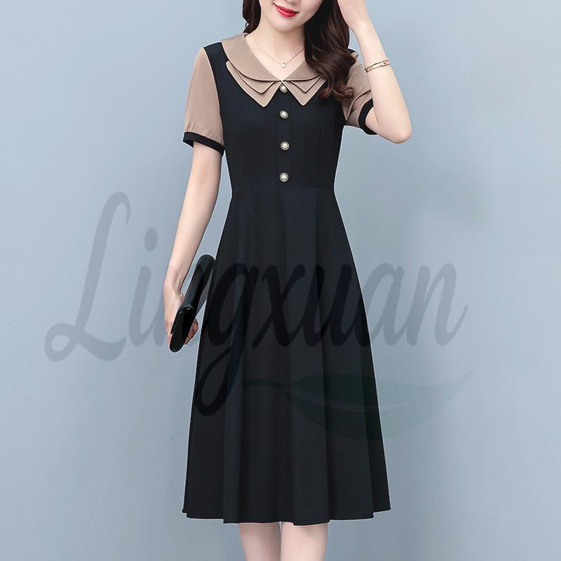 

Elegant Plus Size Summer Short-Sleeve Dress - Slimming, Mid-Length, Wide-Waisted, Fake Two-Piece Design 2XL чорний