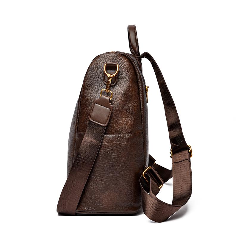 Women PU Leather Backpack Multifunctional Vintage Badge Shoulder Bag Large Capacity Anti‑theft Travel Crossbody Bag Casual Ladies Handbag For Daily
