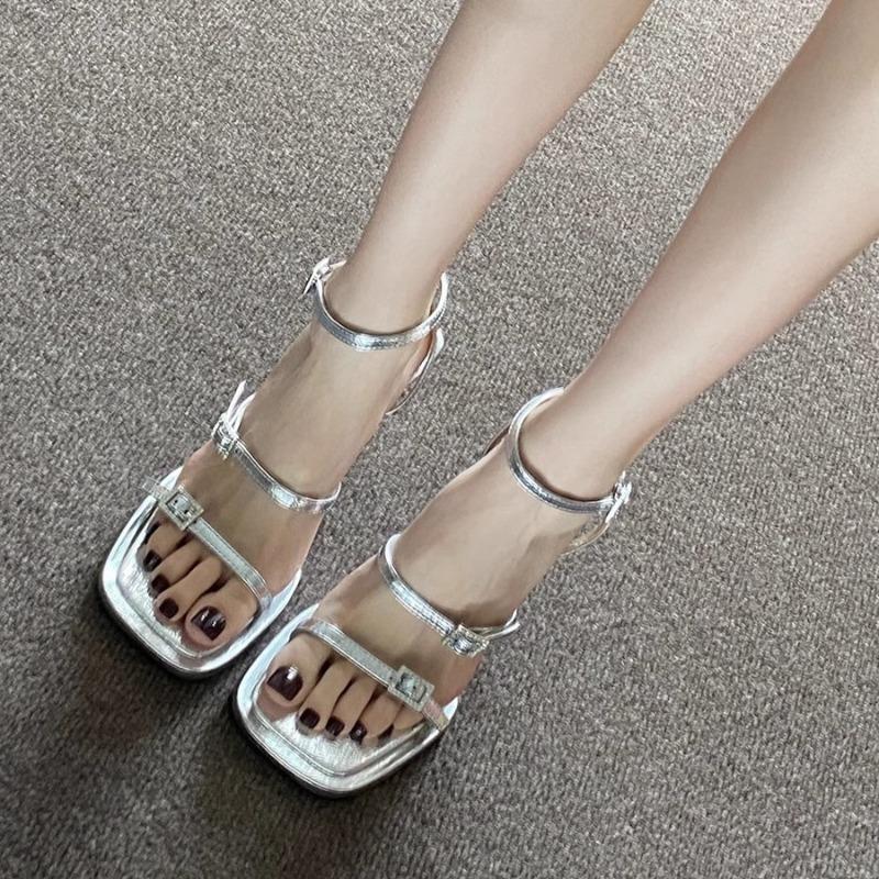 Fashion Women's Stiletto Sandals Summer New Square Toe Open Toe Metal Buckle One Slip Strap Anti-slip Wear-resistant High Heels