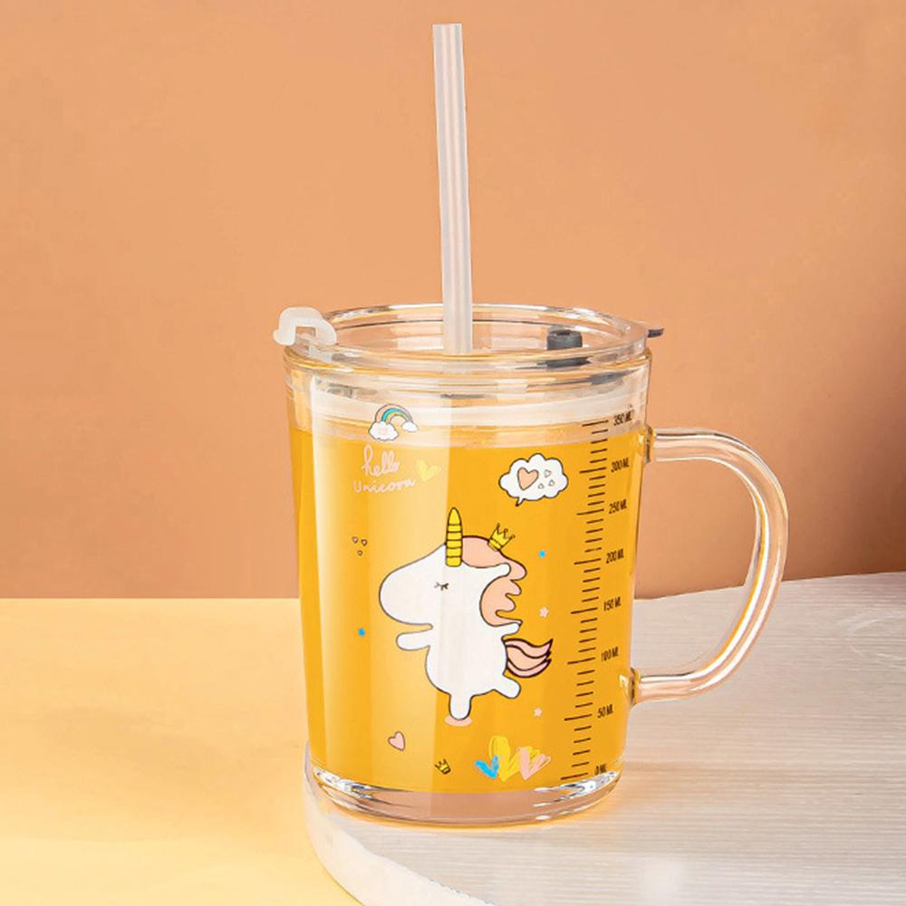 

350 мл милый детский молочный стаканчик с весами в виде единорога, прозрачный стаканчик для завтрака с крышкой-соломинкой, мультяшный стеклянный стаканчик для детей, посуда для питья 350ml