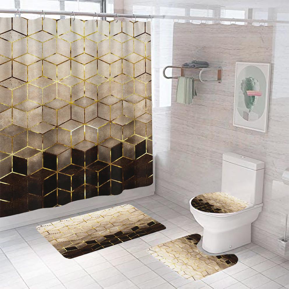 Bathroom Shower Curtain Four-piece Digital Printing Marble Waterproof Shower Curtain Toilet Partition Curtain Bath Mat