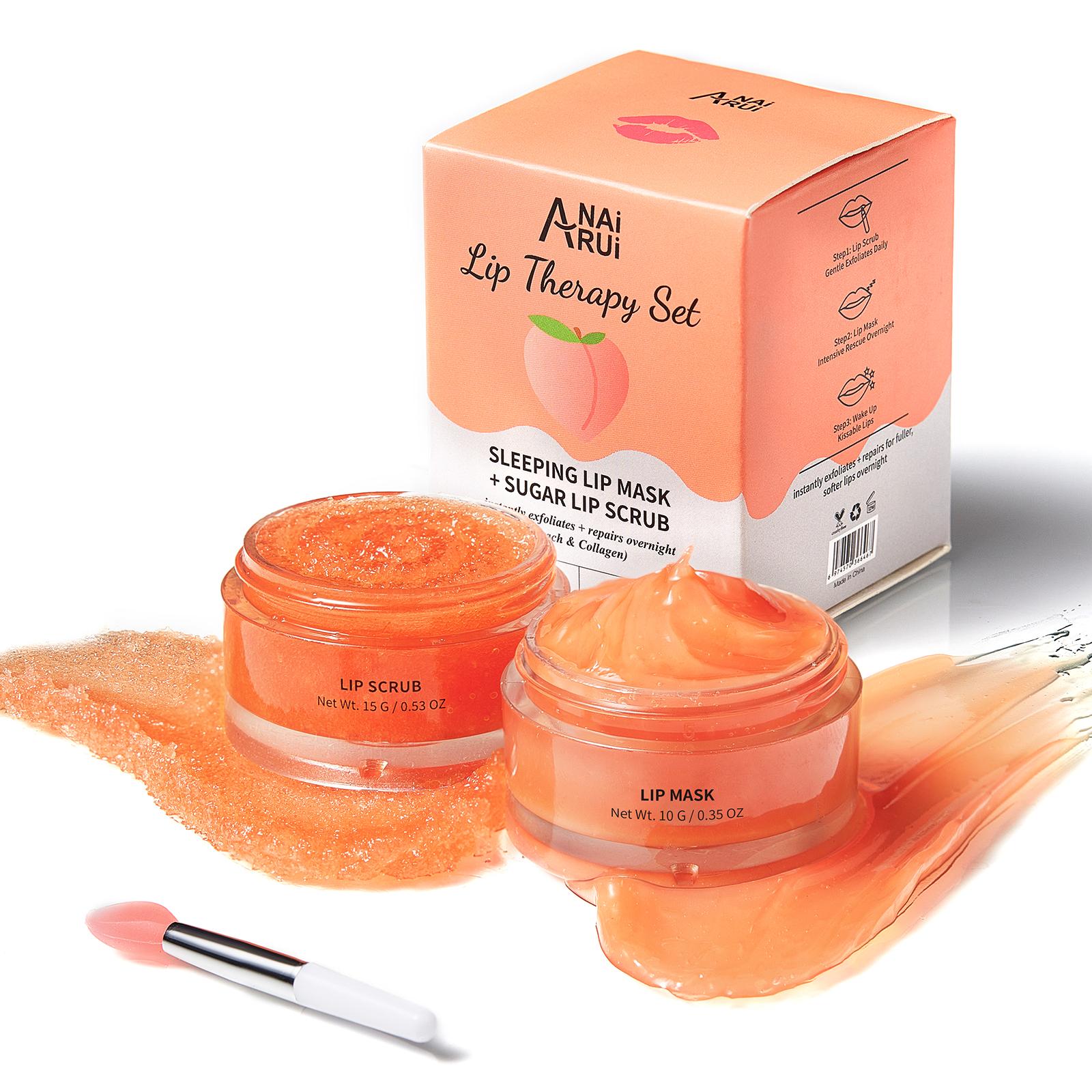 ANAiRUi Peach & Collagen Lip Scrub & Lip Mask Set, Overnight Moisturizing Lip Treatment for Dry Dark Chapped Lips 30g