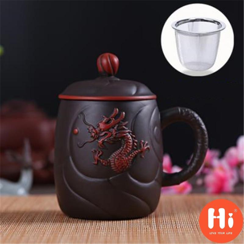 Hi fialová hlína reliéfní dračí šálky na čaj Retro hrnek na čaj s víčkem a infuzérem Ručně vyrobený šálek na vodu Nádobí na pití