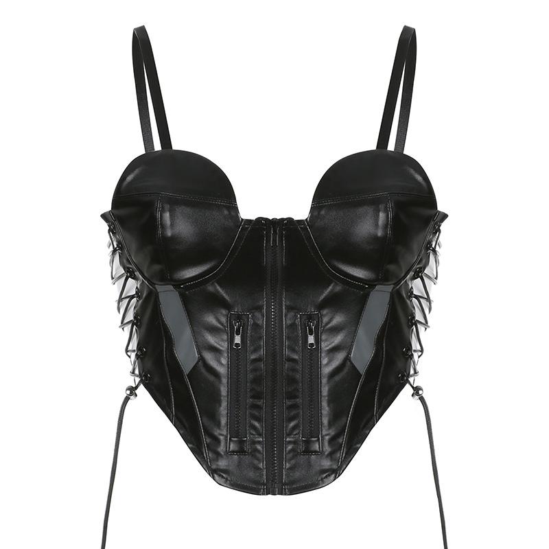 

Темно-черный крутой однотонный кожаный ремешок для девочек на груди, сексуальный жилет с открытой спиной и вырезом на шнуровке, маленький жилет для пикантной девушки, супер короткий жилет L чёрный