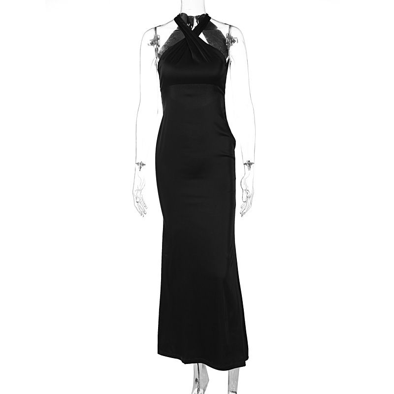 

Western Style Ins New Fashion Gyaru Sleeveless Slim fit Long dress Sexy Backless Satin Hanging Neck Dress Women Black L