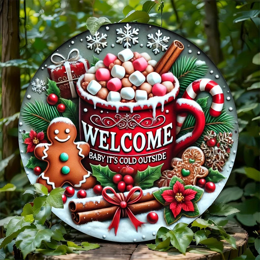 Christmas Themed Iron Wall Art Decor 7.8 Inch Round Metal Sign with Gingerbread and Holiday Mug Design Welcome Door Sign