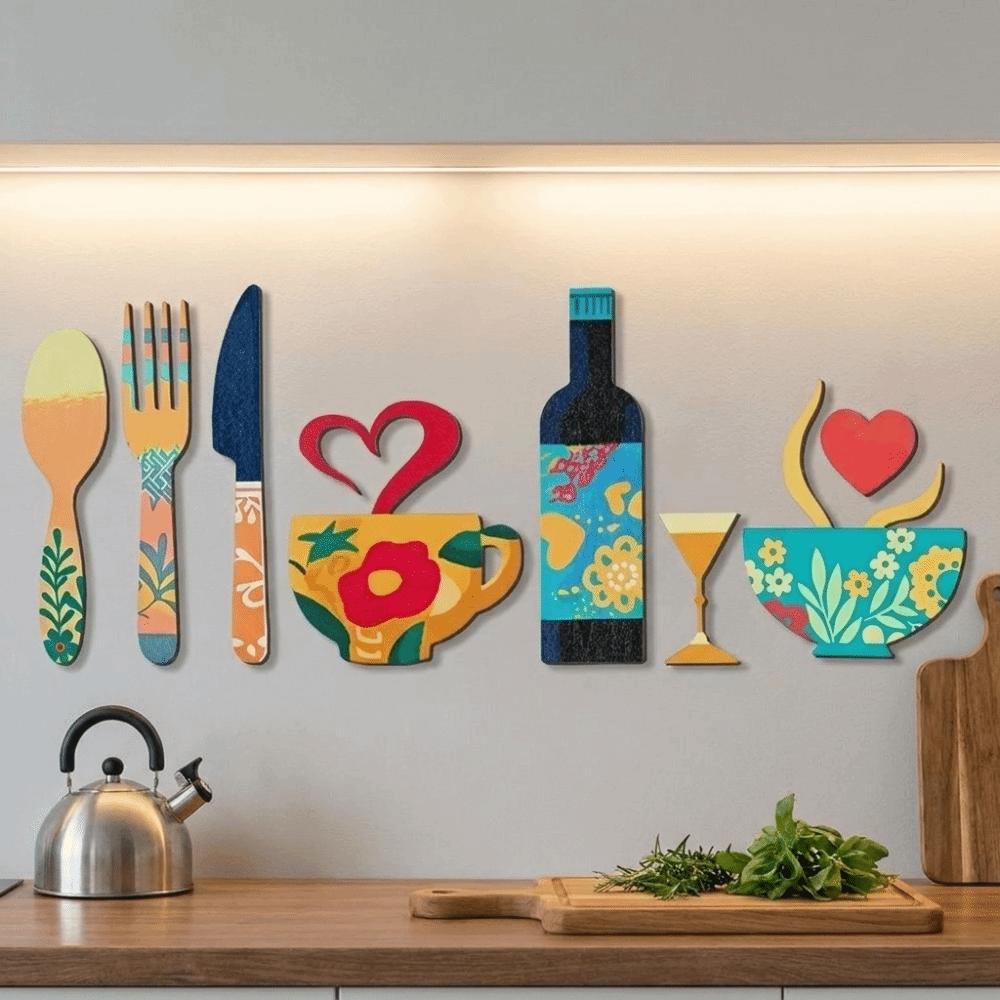 8PCS/SET Rustic Floral Kitchen Utensil Pendant Wood Coffee Cup Wall Sticker Wall Art Decals Bar