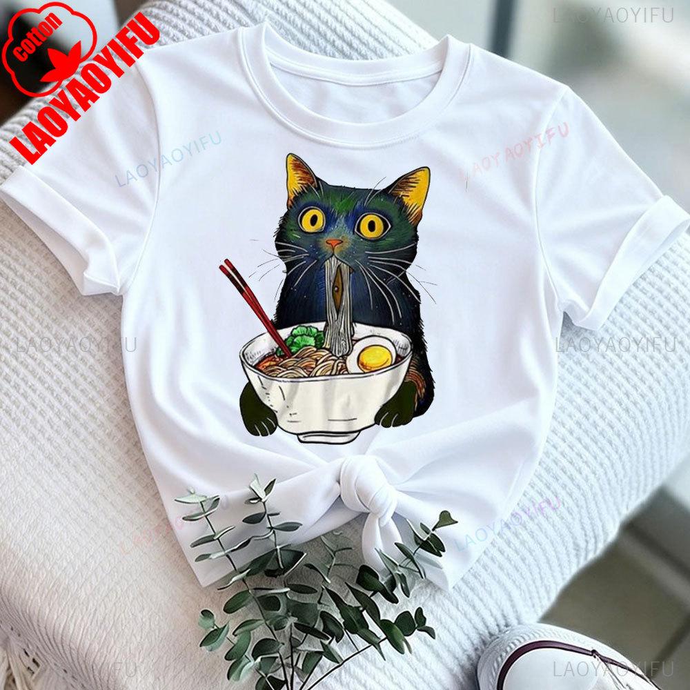 RaUnisex Noodle Black Cat Foodie Lover Gift Tees Women Shortsleeve T Shirt Oversized Y2k Clothes Aesthetic Vintage Tees S