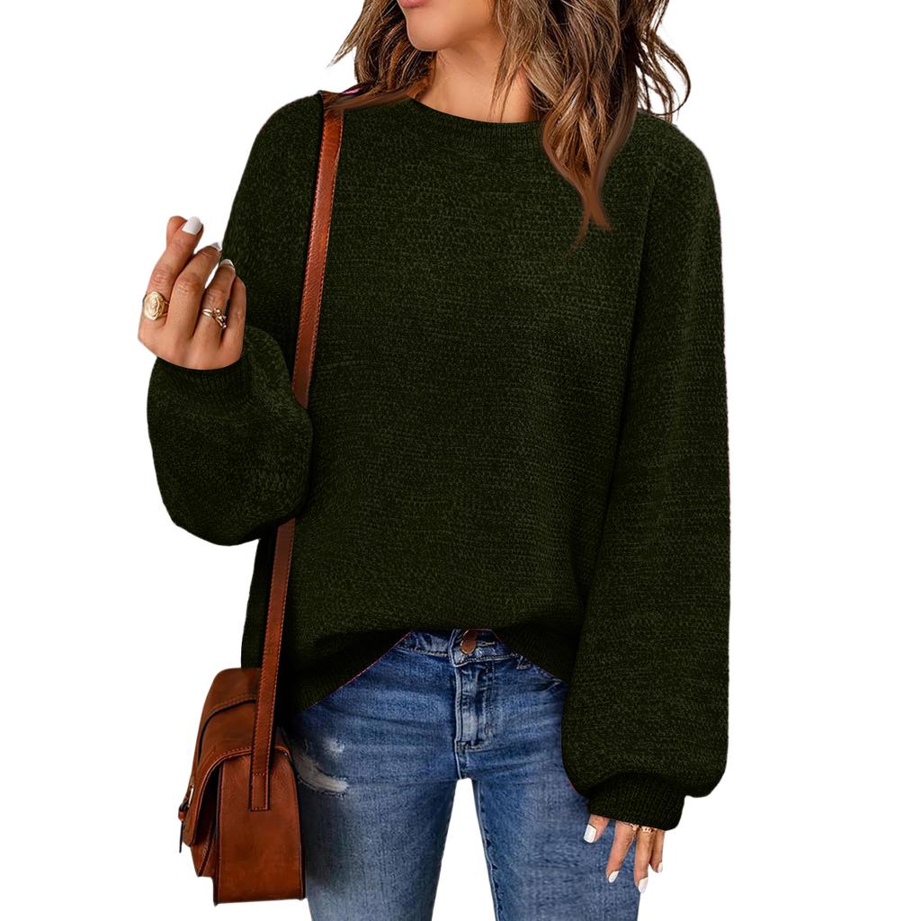 Women's Fashion Round Neck Pullover Sweater Casual Versatile Solid Color Knit Top